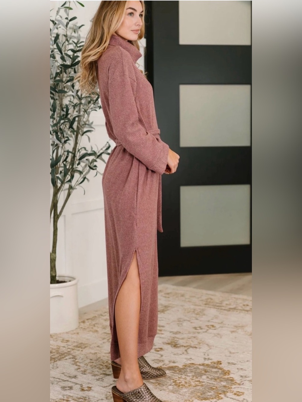 Dear Scarlett Cozy Dusty Rose Turtleneck Belted Maxi Dress - Picture 3 of 6